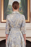 Floral Jacquard Dusty Blue Collar Mother of the Bride Dress with 3/4 Sleeves