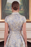 Dusty Blue A Line Floral Jacquard Midi Mother of the Bride Dress with Short Sleeves
