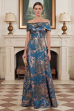 Off the Shoulder Navy Mermaid Floral Jacquard Mother of the Bride Dress