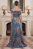 Off the Shoulder Navy Mermaid Floral Jacquard Mother of the Bride Dress