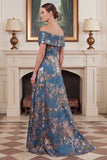 Off the Shoulder Navy Mermaid Floral Jacquard Mother of the Bride Dress