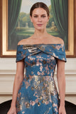 Off the Shoulder Navy Mermaid Floral Jacquard Mother of the Bride Dress