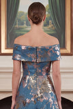 Off the Shoulder Navy Mermaid Floral Jacquard Mother of the Bride Dress