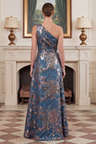 One Shoulder Navy Mermaid Floral Mother of the Bride Dress with Sash