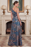 One Shoulder Navy Mermaid Floral Mother of the Bride Dress with Sash