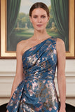 One Shoulder Navy Mermaid Floral Mother of the Bride Dress with Sash