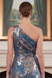 One Shoulder Navy Mermaid Floral Mother of the Bride Dress with Sash