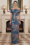 Navy Floral Off the Shoulder Sheath Mother of the Bride Dress with Slit