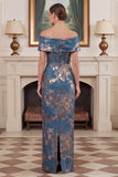 Navy Floral Off the Shoulder Sheath Mother of the Bride Dress with Slit