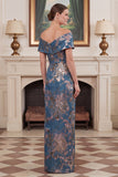 Navy Floral Off the Shoulder Sheath Mother of the Bride Dress with Slit