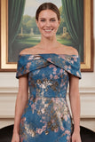 Navy Floral Off the Shoulder Sheath Mother of the Bride Dress with Slit