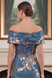 Navy Floral Off the Shoulder Sheath Mother of the Bride Dress with Slit
