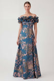 Floral A Line Off the Shouder Ruffle Navy Mother of the Bride Dress