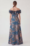 Floral A Line Off the Shouder Ruffle Navy Mother of the Bride Dress