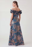 Floral A Line Off the Shouder Ruffle Navy Mother of the Bride Dress