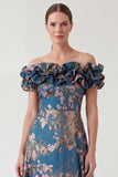 Floral A Line Off the Shouder Ruffle Navy Mother of the Bride Dress