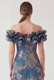 Floral A Line Off the Shouder Ruffle Navy Mother of the Bride Dress