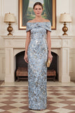Jacquard Off the Shoulder Blue Sheath Floral Mother of the Bride Dress
