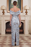 Jacquard Off the Shoulder Blue Sheath Floral Mother of the Bride Dress