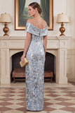 Jacquard Off the Shoulder Blue Sheath Floral Mother of the Bride Dress
