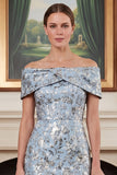 Jacquard Off the Shoulder Blue Sheath Floral Mother of the Bride Dress