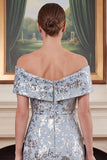 Jacquard Off the Shoulder Blue Sheath Floral Mother of the Bride Dress