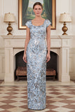 Blue Floral Jacquard Sheath Square Neck Mother of the Bride Dress with Cap Sleeves