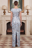 Blue Floral Jacquard Sheath Square Neck Mother of the Bride Dress with Cap Sleeves