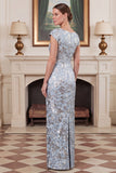 Blue Floral Jacquard Sheath Square Neck Mother of the Bride Dress with Cap Sleeves