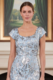 Blue Floral Jacquard Sheath Square Neck Mother of the Bride Dress with Cap Sleeves