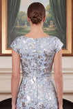 Blue Floral Jacquard Sheath Square Neck Mother of the Bride Dress with Cap Sleeves