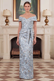Off the Shoulder Sheath Blue Floral Jacquard Mother of the Bride Dress