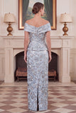 Off the Shoulder Sheath Blue Floral Jacquard Mother of the Bride Dress