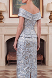 Off the Shoulder Sheath Blue Floral Jacquard Mother of the Bride Dress