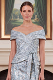 Off the Shoulder Sheath Blue Floral Jacquard Mother of the Bride Dress