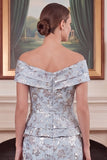 Off the Shoulder Sheath Blue Floral Jacquard Mother of the Bride Dress