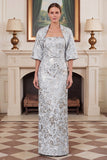 Strapless Blue Floral Jacquard Mother of the Bride Dress with Cape