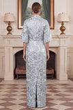 Strapless Blue Floral Jacquard Mother of the Bride Dress with Cape