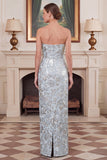 Strapless Blue Floral Jacquard Mother of the Bride Dress with Cape