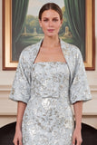 Strapless Blue Floral Jacquard Mother of the Bride Dress with Cape