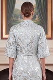 Strapless Blue Floral Jacquard Mother of the Bride Dress with Cape