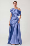 Dusty Blue Mermaid Asymmetrical Neck Satin Maxi Dress