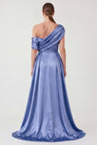 Dusty Blue Mermaid Asymmetrical Neck Satin Maxi Dress