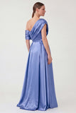 Dusty Blue Mermaid Asymmetrical Neck Satin Maxi Dress