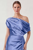 Dusty Blue Mermaid Asymmetrical Neck Satin Maxi Dress