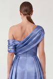 Dusty Blue Mermaid Asymmetrical Neck Satin Maxi Dress