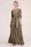 One Shoulder Olive Pleated Satin Mother of the Bride Dress with Half Sleeves