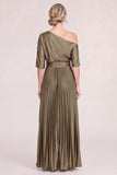 One Shoulder Olive Pleated Satin Mother of the Bride Dress with Half Sleeves