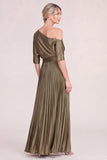 One Shoulder Olive Pleated Satin Mother of the Bride Dress with Half Sleeves
