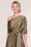 One Shoulder Olive Pleated Satin Mother of the Bride Dress with Half Sleeves